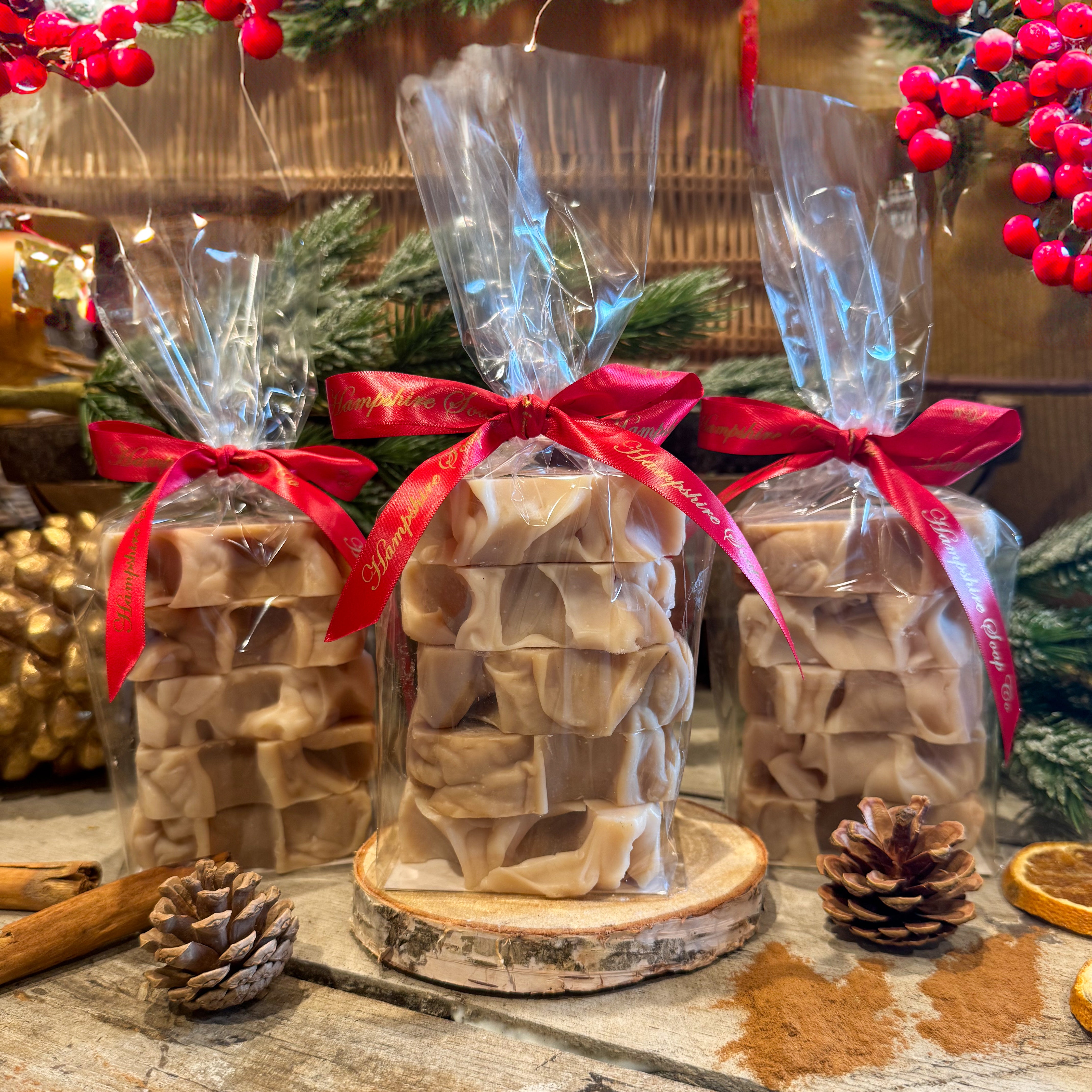 Hot Cinnamon Soap Gift Set - Five hand-cut bars of traditional cold process soap, scented with warm cinnamon and wrapped in red silk ribbon - a cosy, heritage-inspired gift from Hampshire.
