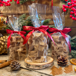 Hot Cinnamon Soap Gift Set - Five hand-cut bars of traditional cold process soap, scented with warm cinnamon and wrapped in red silk ribbon - a cosy, heritage-inspired gift from Hampshire.